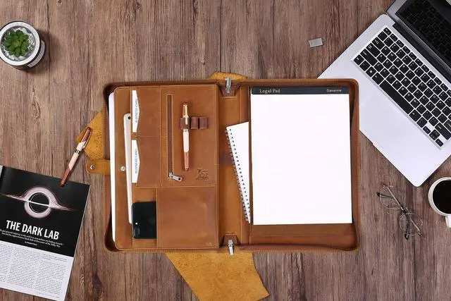 Alt view image 6 of 6 - Genuine Leather Business Portfolio Padfolio Folder with Zipper for Men, Men's Leather Padfolio Folder for 13" Laptop, Business Portfolio for Letter Size Notepad, Graduation GiftBrown