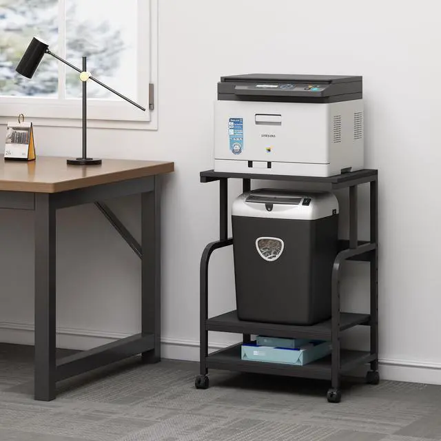Alt view image 5 of 7 - Printer Stand, 3 Tier Printer Table with Height Adjustable Storage Shelf, Rolling Printer Cart with Wheels for Home Office Organization, Black