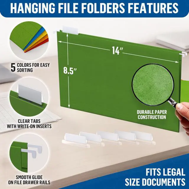 Alt view image 2 of 7 - 100 Pack Hanging File Folders Legal Size 8.5x14 - Colored Hanging Folders for Filing Cabinet with 1/5-Cut Adjustable Tabs Files for Filing Cabinet Organizer File Hangers for File Cabinets with Hooks