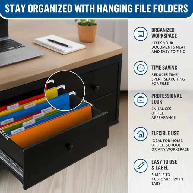 Alt view image 3 of 7 - 100 Pack Hanging File Folders Legal Size 8.5x14 - Colored Hanging Folders for Filing Cabinet with 1/5-Cut Adjustable Tabs Files for Filing Cabinet Organizer File Hangers for File Cabinets with Hooks