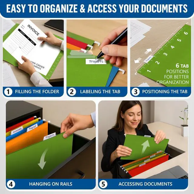 Alt view image 4 of 7 - 100 Pack Hanging File Folders Legal Size 8.5x14 - Colored Hanging Folders for Filing Cabinet with 1/5-Cut Adjustable Tabs Files for Filing Cabinet Organizer File Hangers for File Cabinets with Hooks