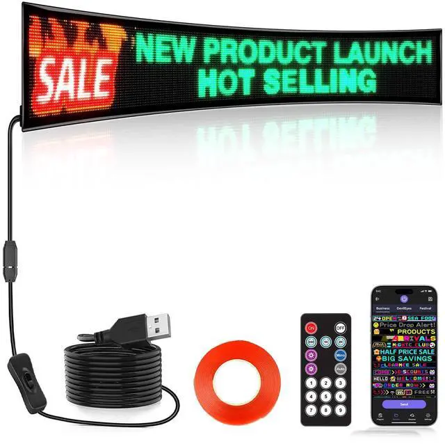 Main image of Full Color Dual Row Programmable LED Sign, 33''x6.3'' Flexible P5 USB Bluetooth APP Control LED Signs Custom Text Message Pattern Scrolling LED Display for Store Bar Hotel School