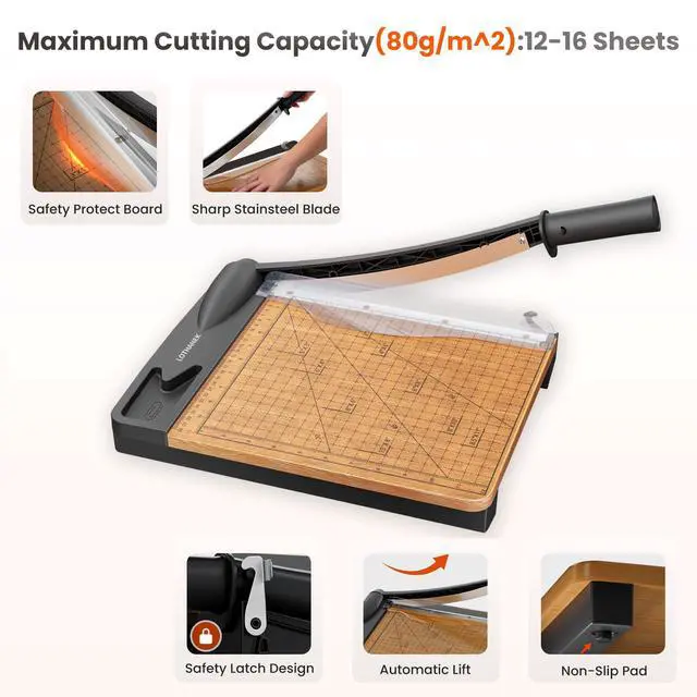 Alt view image 2 of 7 - 12 Inch Heavy Duty Paper Cutter, Wood Guillotine Paper Cutter & Trimmer, 12-16 Sheets Capacity Cutting Board for Classroom, Crafting, Cardstock Black (Black)