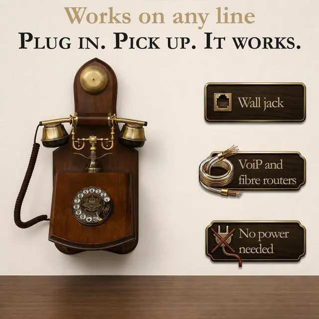 Alt view image 6 of 7 - Opis 1921 Cable Model D Vintage Wall Phone, Real Wood Antique Telephone with Rotary Dial, Corded Landline Wall Mount Phone with Metal Bell (No Bluetooth)