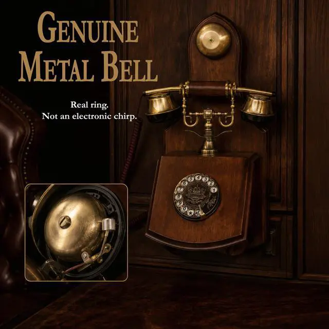 Alt view image 7 of 7 - Opis 1921 Cable Model D Vintage Wall Phone, Real Wood Antique Telephone with Rotary Dial, Corded Landline Wall Mount Phone with Metal Bell (No Bluetooth)