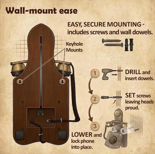 Alt view image 3 of 7 - Opis 1921 Cable Model D Vintage Wall Phone, Real Wood Antique Telephone with Rotary Dial, Corded Landline Wall Mount Phone with Metal Bell (No Bluetooth)