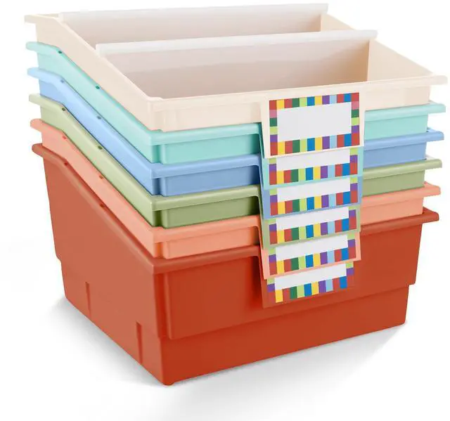 Main image of 6 Pack Picture Book Bin with Dividers Classroom Library Book Bin Large Plastic Books Holders with Labels for Classroom Library Magazines Storage Organizer 13.5 x 13.5 x 7.75 in(Boho)
