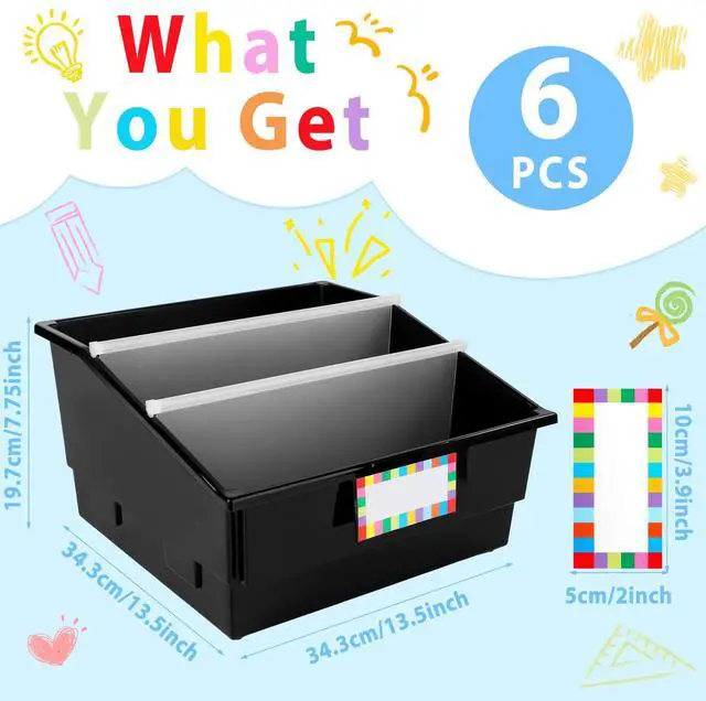Alt view image 2 of 7 - 6 Pack Extra Large Picture Book Bin with Dividers 13.5 x 13.5 x 7.75 in Plastic Classroom Book Bin Holder Storage Organizer with Labels for School Library Magazines Supplies(Black)