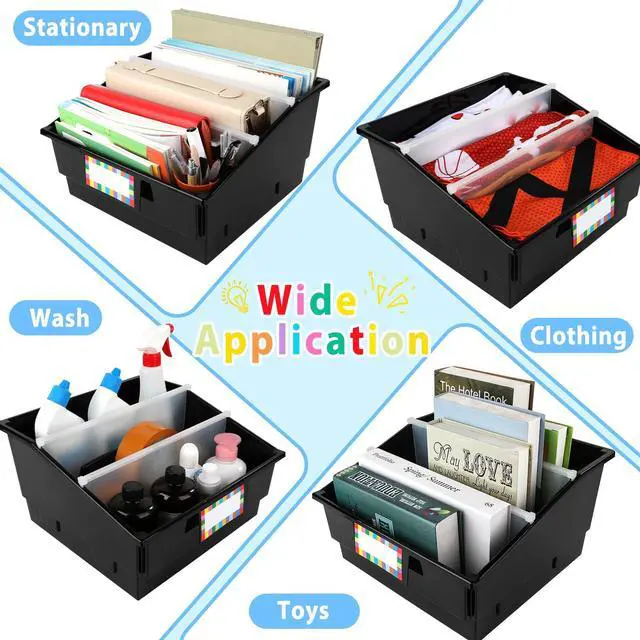 Alt view image 4 of 7 - 6 Pack Extra Large Picture Book Bin with Dividers 13.5 x 13.5 x 7.75 in Plastic Classroom Book Bin Holder Storage Organizer with Labels for School Library Magazines Supplies(Black)