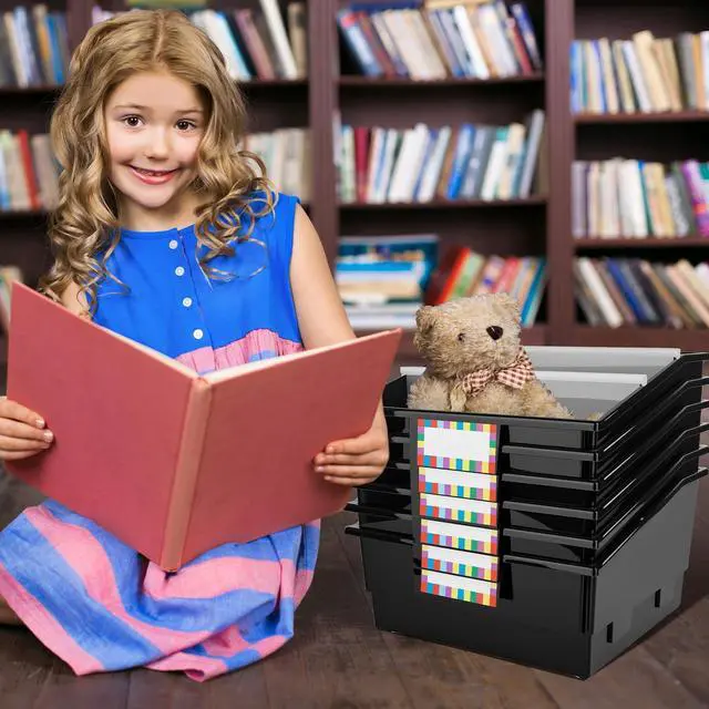 Alt view image 6 of 7 - 6 Pack Extra Large Picture Book Bin with Dividers 13.5 x 13.5 x 7.75 in Plastic Classroom Book Bin Holder Storage Organizer with Labels for School Library Magazines Supplies(Black)