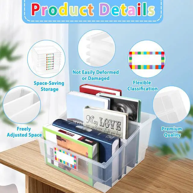 Alt view image 3 of 7 - 6 Pack Picture Book Bin with Dividers Classroom Library Book Bin Large Plastic Books Holders with Labels for Classroom Library Magazines Storage Organizer 13.5 x 13.5 x 7.75 in(Clear)