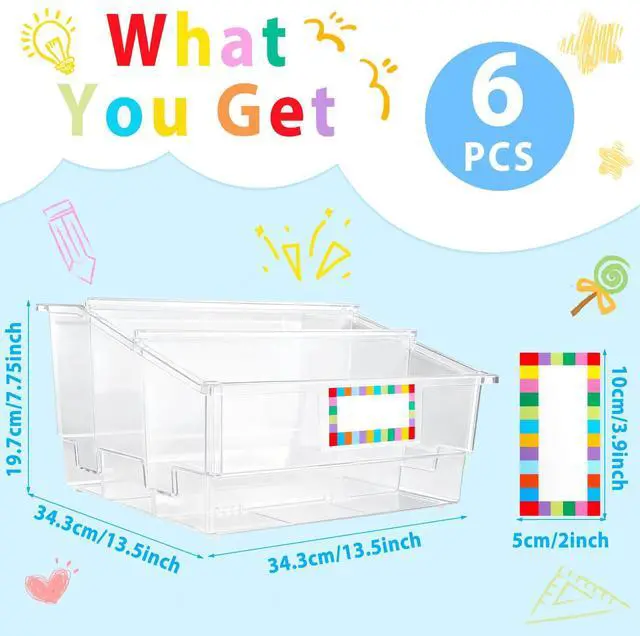 Alt view image 2 of 7 - 6 Pack Picture Book Bin with Dividers Classroom Library Book Bin Large Plastic Books Holders with Labels for Classroom Library Magazines Storage Organizer 13.5 x 13.5 x 7.75 in(Clear)
