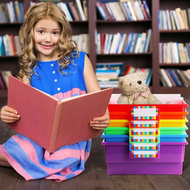 Alt view image 6 of 7 - 6 Pack Picture Book Bin with Dividers Classroom Library Book Bin Large Plastic Books Holders with Labels for Classroom Library Magazines Storage Organizer 13.5 x 13.5 x 7.75 in(Rainbow)
