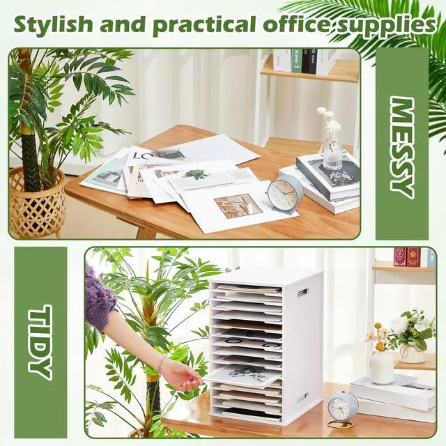 Alt view image 5 of 7 - 15 Tier 8.5" x 11" Scrapbook Paper Organizer, White Cardstock File Organizer with Adjustable Shelves, Stackable Paper Trays, Desktop Storage Rack Document Holder for Desk Home Office