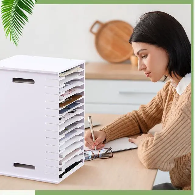 Alt view image 6 of 7 - 15 Tier 8.5" x 11" Scrapbook Paper Organizer, White Cardstock File Organizer with Adjustable Shelves, Stackable Paper Trays, Desktop Storage Rack Document Holder for Desk Home Office