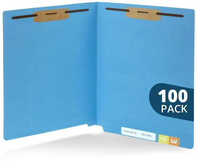 Main image of 100 End Tab Fastener File Folders, Blue | Reinforced end tab, letter size, 11pt, 2 prong bonded fasteners, for medical files, reports, and office records