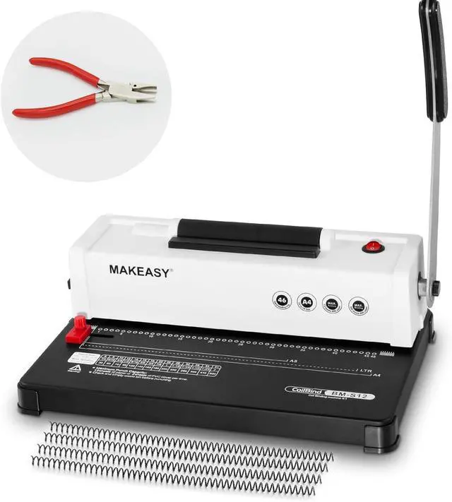 Main image of Spiral Binding Machine, 4:1 Pitch, 12 Sheets Punch Capacity, Electric Coil Insert, Book Binder Machine for A4/A5/Letter Size Paper, Come with 1 Box pcs 5/16'' Coils & Pliers