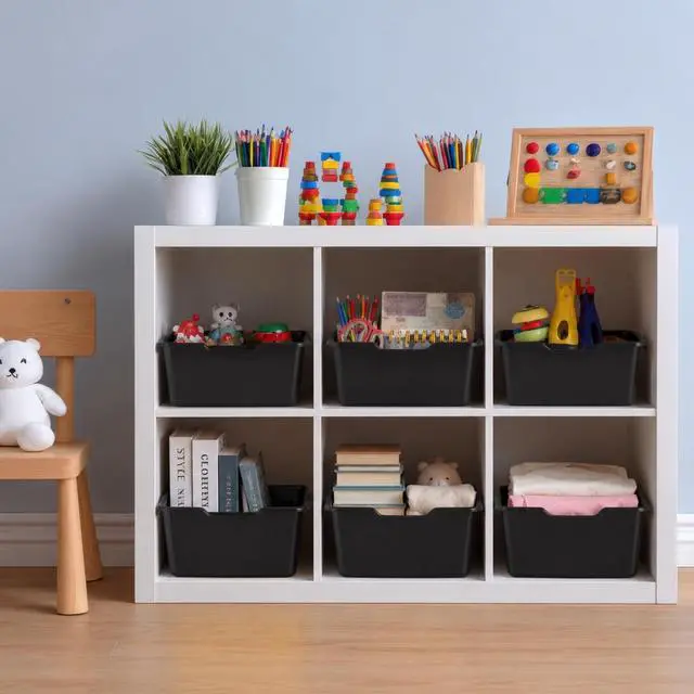 Alt view image 6 of 7 - 24 Pack Plastic Cubby Bins Classroom Book Bins Scoop Front Stackable Easy-to-Grip Toy Storage Tubs Containers for School Library Office Home Nursery Playroom Organization (Black)
