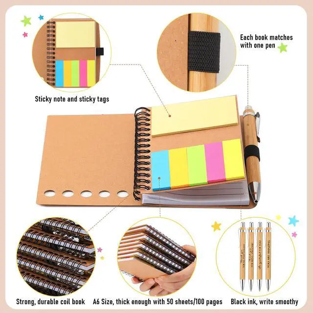 Alt view image 4 of 6 - 120 Set Back to School Teacher Appreciation Gifts Bulk Inspirational Notebook with Sticky Note and Bamboo Pen Set Coworker Thank You Gifts for Employee Team Staff Office Group (Kraft)