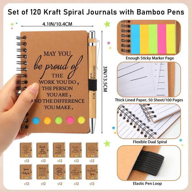 Alt view image 2 of 6 - 120 Set Back to School Teacher Appreciation Gifts Bulk Inspirational Notebook with Sticky Note and Bamboo Pen Set Coworker Thank You Gifts for Employee Team Staff Office Group (Kraft)