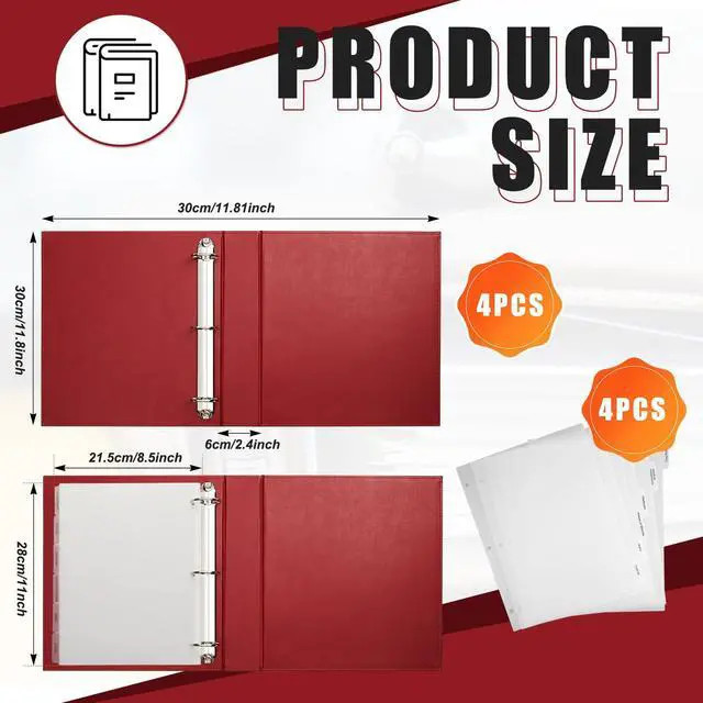 Alt view image 2 of 6 - 4 Pcs Estate Planning Portfolio Binder PU Leather 3 Ring Binders with Gold Title and Index Tab Dividers, 11'' x 11.8'' x 2.4'' Estate Planning Organizer(Red)