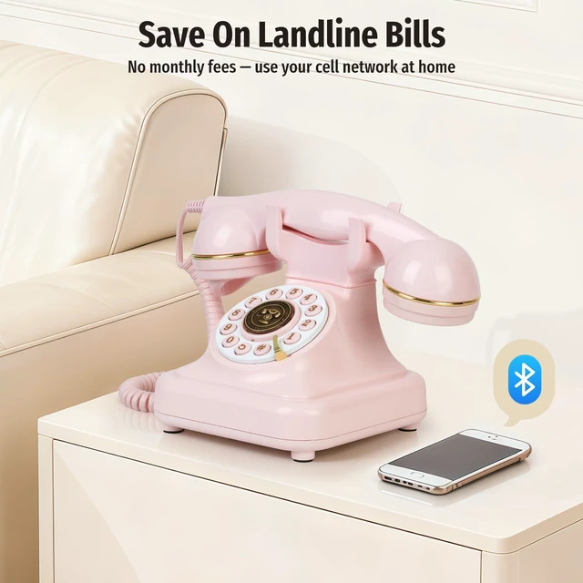 Alt view image 2 of 7 - Bluetooth Retro Desk Phone with Handset & Speakerphone, Classic Bluetooth Landline Telephone, Bluetooth Home Phone with USB Rechargeable Power, Hands-Free Calling & Music Playback, Pink