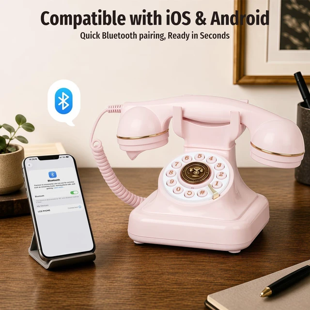 Alt view image 3 of 7 - Bluetooth Retro Desk Phone with Handset & Speakerphone, Classic Bluetooth Landline Telephone, Bluetooth Home Phone with USB Rechargeable Power, Hands-Free Calling & Music Playback, Pink