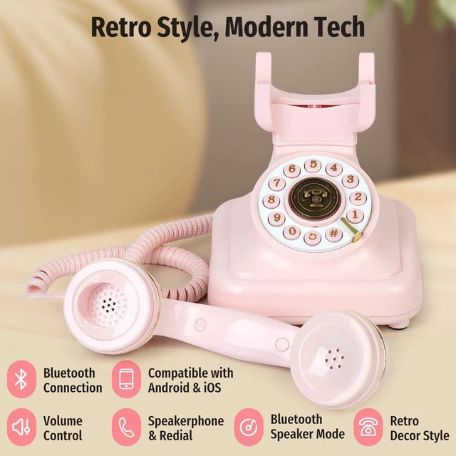 Alt view image 5 of 7 - Bluetooth Retro Desk Phone with Handset & Speakerphone, Classic Bluetooth Landline Telephone, Bluetooth Home Phone with USB Rechargeable Power, Hands-Free Calling & Music Playback, Pink