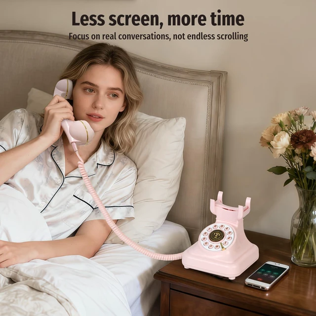 Alt view image 4 of 7 - Bluetooth Retro Desk Phone with Handset & Speakerphone, Classic Bluetooth Landline Telephone, Bluetooth Home Phone with USB Rechargeable Power, Hands-Free Calling & Music Playback, Pink