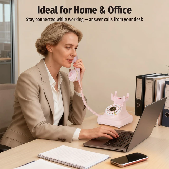 Alt view image 7 of 7 - Bluetooth Retro Desk Phone with Handset & Speakerphone, Classic Bluetooth Landline Telephone, Bluetooth Home Phone with USB Rechargeable Power, Hands-Free Calling & Music Playback, Pink