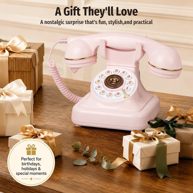 Alt view image 6 of 7 - Bluetooth Retro Desk Phone with Handset & Speakerphone, Classic Bluetooth Landline Telephone, Bluetooth Home Phone with USB Rechargeable Power, Hands-Free Calling & Music Playback, Pink