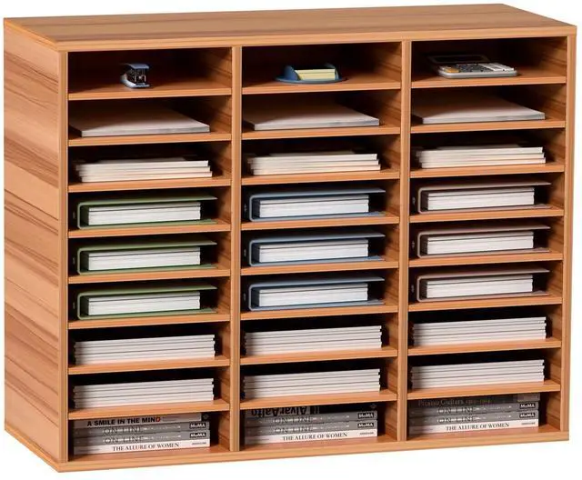 Main image of 27 Compartments Wood Literature Organizer, Adjustable Shelves, Medium Density Fiberboard Mail Center, Office Home School Storage for Files, Documents, Papers, Magazines, Burlywood