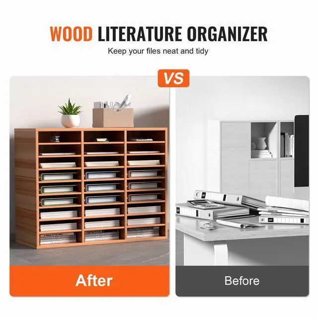 Alt view image 2 of 7 - 27 Compartments Wood Literature Organizer, Adjustable Shelves, Medium Density Fiberboard Mail Center, Office Home School Storage for Files, Documents, Papers, Magazines, Burlywood