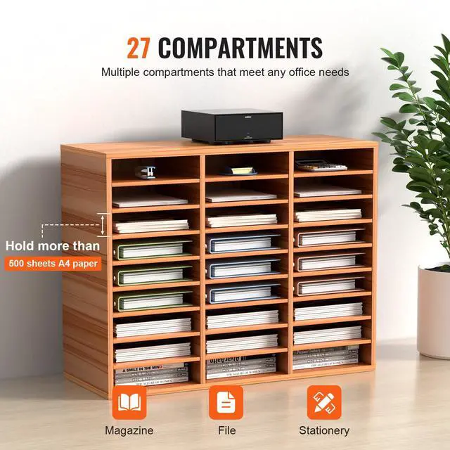 Alt view image 4 of 7 - 27 Compartments Wood Literature Organizer, Adjustable Shelves, Medium Density Fiberboard Mail Center, Office Home School Storage for Files, Documents, Papers, Magazines, Burlywood