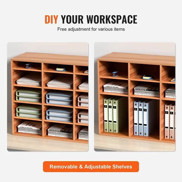 Alt view image 5 of 7 - 27 Compartments Wood Literature Organizer, Adjustable Shelves, Medium Density Fiberboard Mail Center, Office Home School Storage for Files, Documents, Papers, Magazines, Burlywood