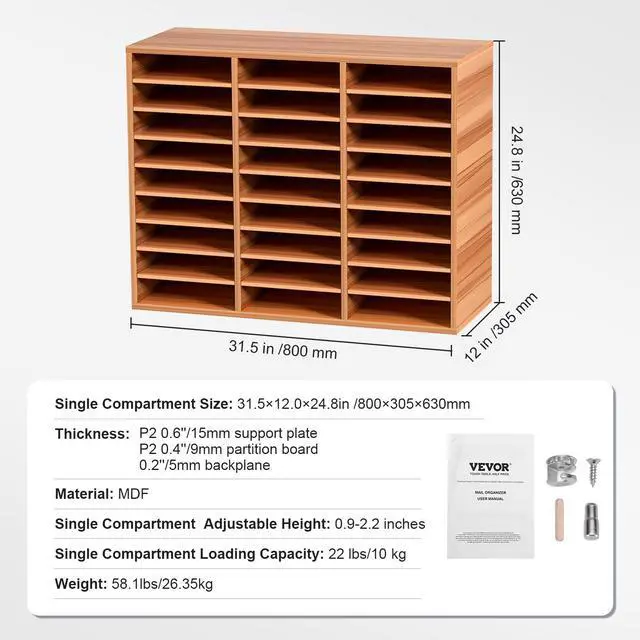 Alt view image 7 of 7 - 27 Compartments Wood Literature Organizer, Adjustable Shelves, Medium Density Fiberboard Mail Center, Office Home School Storage for Files, Documents, Papers, Magazines, Burlywood