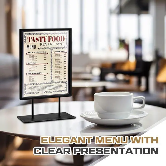 Alt view image 2 of 7 - 2 Pcs Tabletop Sign Holder with Flat Base 11" x 8.5" Double Sided Countertop Sign Holder Vertical Desktop Display Stand Metal Poster Display Stand for Office Store Restaurant Hotels, Black