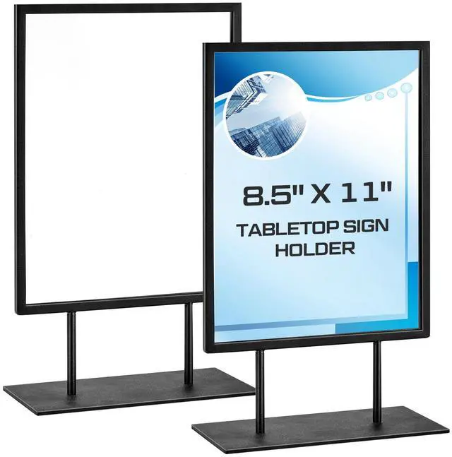 Main image of 2 Pcs Tabletop Sign Holder with Flat Base 11" x 8.5" Double Sided Countertop Sign Holder Vertical Desktop Display Stand Metal Poster Display Stand for Office Store Restaurant Hotels, Black