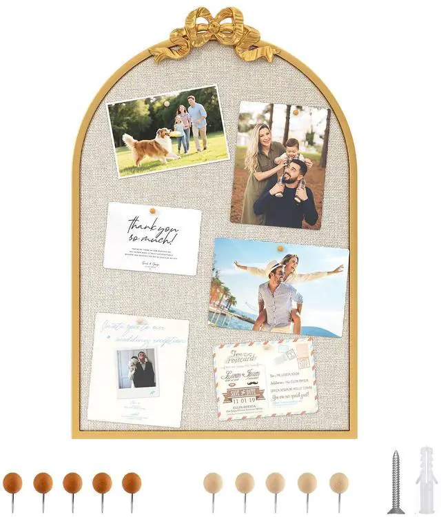 Main image of Vintage Arched Cork Board with Bow 20X30 Large Decorative Bulletin Board with Linen for Walls, Gold Metal Pin Board for Notes, Photos & Reminders, Elegant Vision Board for Home & Office