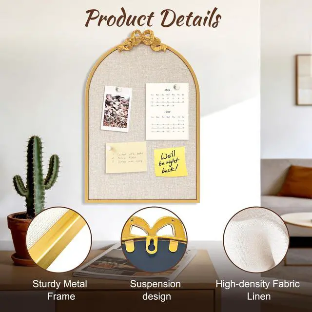 Alt view image 2 of 7 - Vintage Arched Cork Board with Bow 20X30 Large Decorative Bulletin Board with Linen for Walls, Gold Metal Pin Board for Notes, Photos & Reminders, Elegant Vision Board for Home & Office