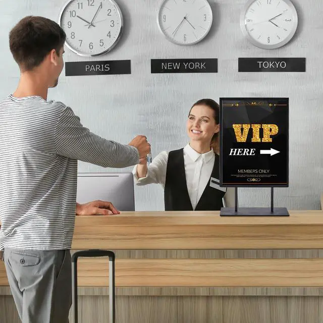 Alt view image 5 of 7 - 2 Pcs Tabletop Sign Holder with Flat Base 11" x 8.5" Double Sided Countertop Sign Holder Vertical Desktop Display Stand Metal Poster Display Stand for Office Store Restaurant Hotels, Black