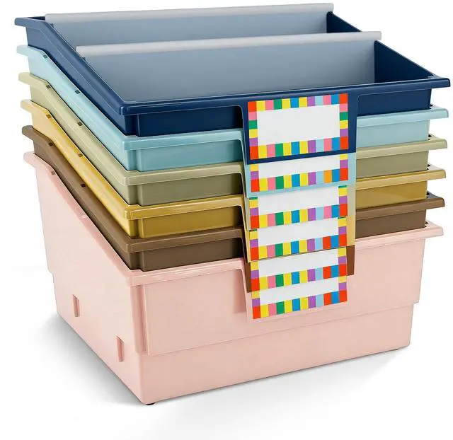 Main image of 6 Pack Extra Large Picture Book Bin with Dividers 13.5 x 13.5 x 7.75 in Plastic Classroom Book Bin Holder Storage Organizer with Labels for School Library Magazines Supplies(Vintage)