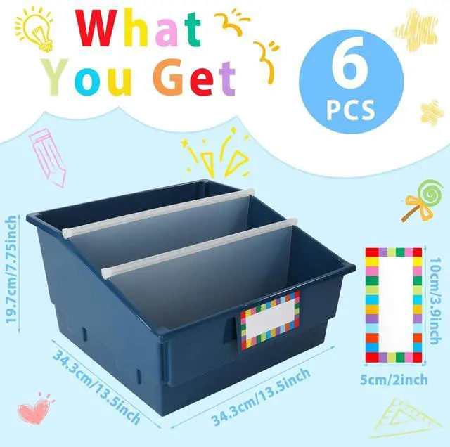 Alt view image 2 of 7 - 6 Pack Extra Large Picture Book Bin with Dividers 13.5 x 13.5 x 7.75 in Plastic Classroom Book Bin Holder Storage Organizer with Labels for School Library Magazines Supplies(Vintage)