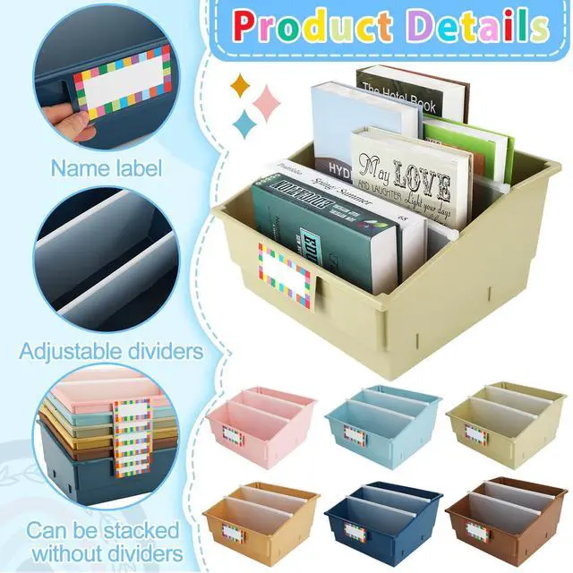 Alt view image 3 of 7 - 6 Pack Extra Large Picture Book Bin with Dividers 13.5 x 13.5 x 7.75 in Plastic Classroom Book Bin Holder Storage Organizer with Labels for School Library Magazines Supplies(Vintage)