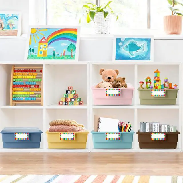 Alt view image 5 of 7 - 6 Pack Extra Large Picture Book Bin with Dividers 13.5 x 13.5 x 7.75 in Plastic Classroom Book Bin Holder Storage Organizer with Labels for School Library Magazines Supplies(Vintage)