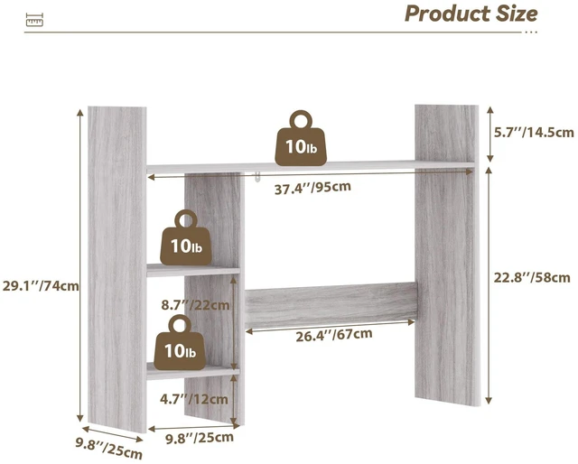 Alt view image 2 of 7 - 37.4 Desktop Bookshelf, 4-Tier Desk Hutch for Computer Monitor | Desk Hutch Dorm Fits 27" Monitor, Desk Hutch Top Only with 3 Shelves, Desk Display Rack for Dorm Room, Office, Wash Grey