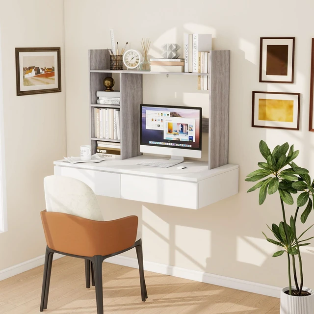 Alt view image 3 of 7 - 37.4 Desktop Bookshelf, 4-Tier Desk Hutch for Computer Monitor | Desk Hutch Dorm Fits 27" Monitor, Desk Hutch Top Only with 3 Shelves, Desk Display Rack for Dorm Room, Office, Wash Grey