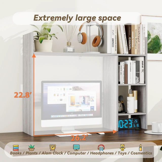 Alt view image 6 of 7 - 37.4 Desktop Bookshelf, 4-Tier Desk Hutch for Computer Monitor | Desk Hutch Dorm Fits 27" Monitor, Desk Hutch Top Only with 3 Shelves, Desk Display Rack for Dorm Room, Office, Wash Grey