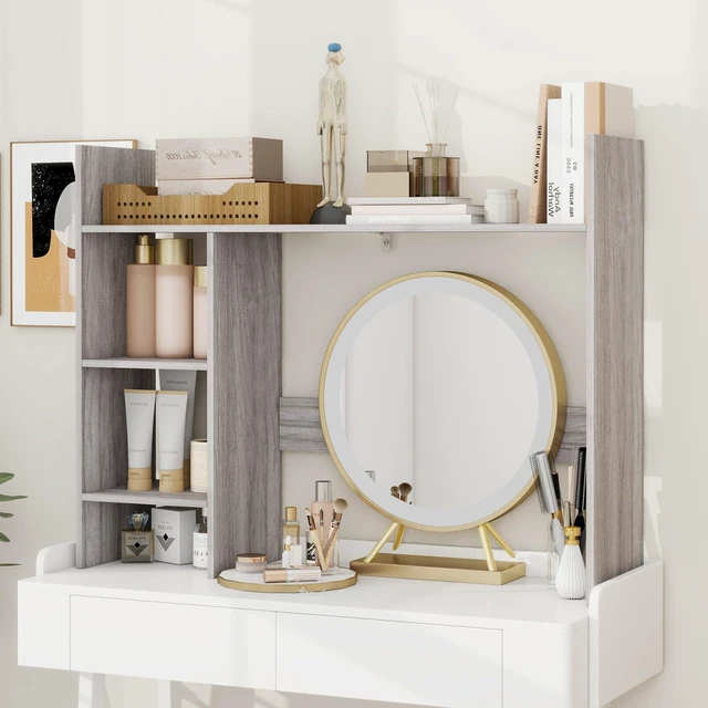 Alt view image 7 of 7 - 37.4 Desktop Bookshelf, 4-Tier Desk Hutch for Computer Monitor | Desk Hutch Dorm Fits 27" Monitor, Desk Hutch Top Only with 3 Shelves, Desk Display Rack for Dorm Room, Office, Wash Grey