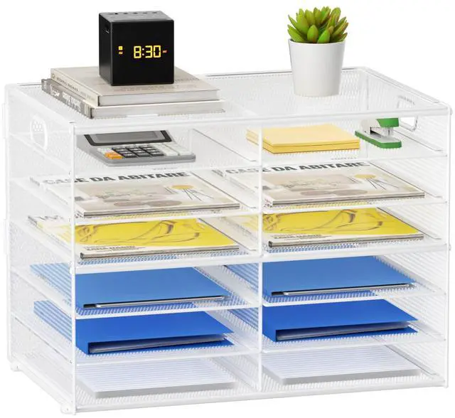 Main image of 12 Compartments Paper Organizer for Desk, Mesh Literature Organizer, Mail File Sorter Tray with Handle, Desktop Mailbox for Office Classroom Home - White